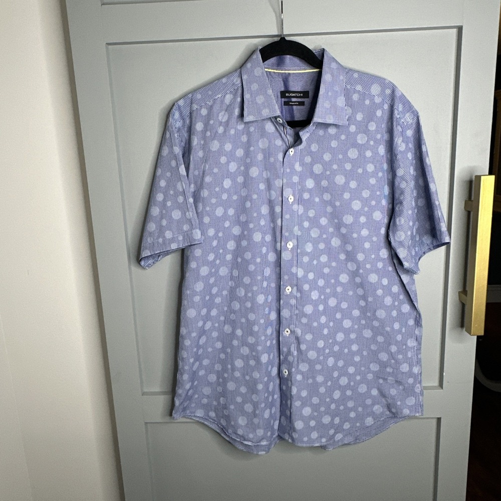 Bugatchi Shirt Mens Small Blue Geometric Circles Contrast S/S‎ Shaped Fit Cotton